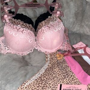 Juicy Couture Black Brown Pink Lace Bling Bra Set